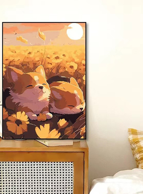 卧室温馨治愈系装饰画狗狗柴犬柯基桌面摆画宠物店壁画向日葵挂画