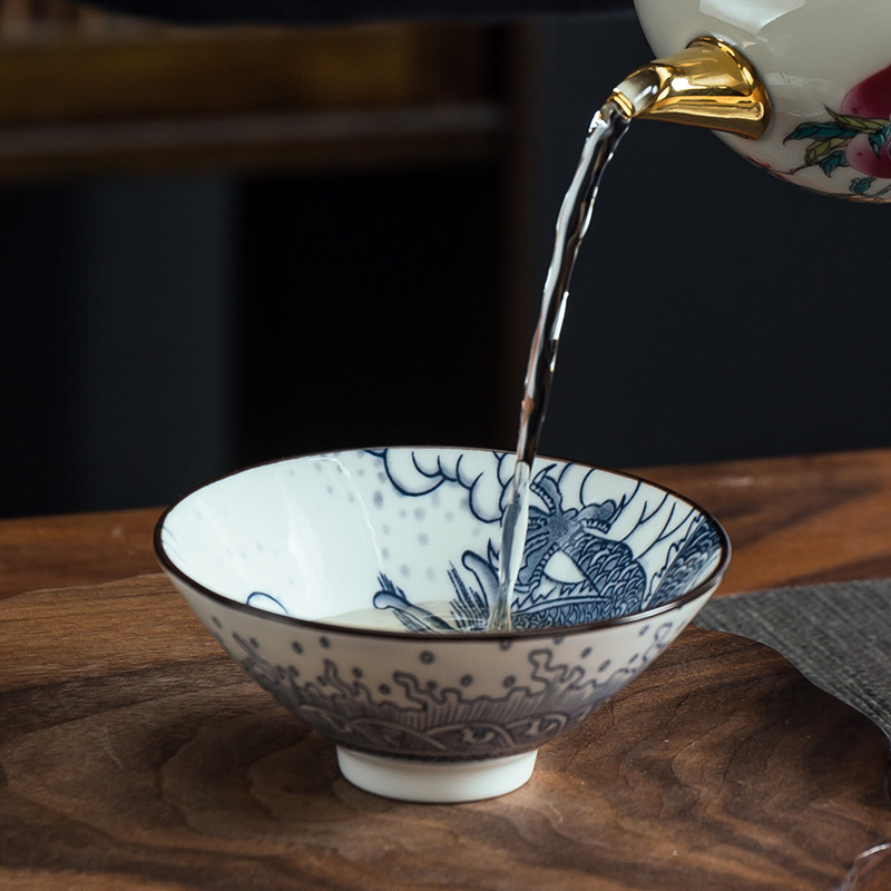 青花斗笠杯主人茶杯陶瓷品茗酒杯白酒复古风酒盏家用小酒碗个人杯,淘宝优惠券,粉丝福利购,淘宝优惠卷