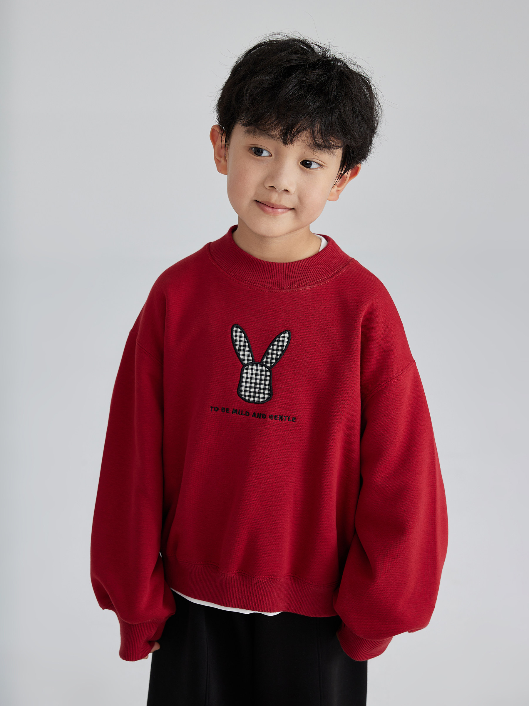 【6折】MIMIGOGO新年潮酷贴布绣格纹小兔子堆领儿童长袖卫衣2L04 - 图1