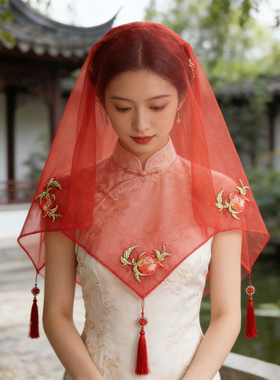 中式红色头纱新娘结婚红盖头喜帕