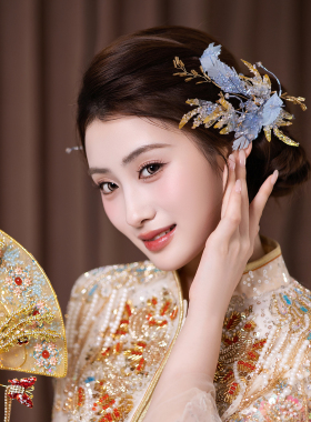 超仙浅蓝色渐变边夹套装新娘头纱