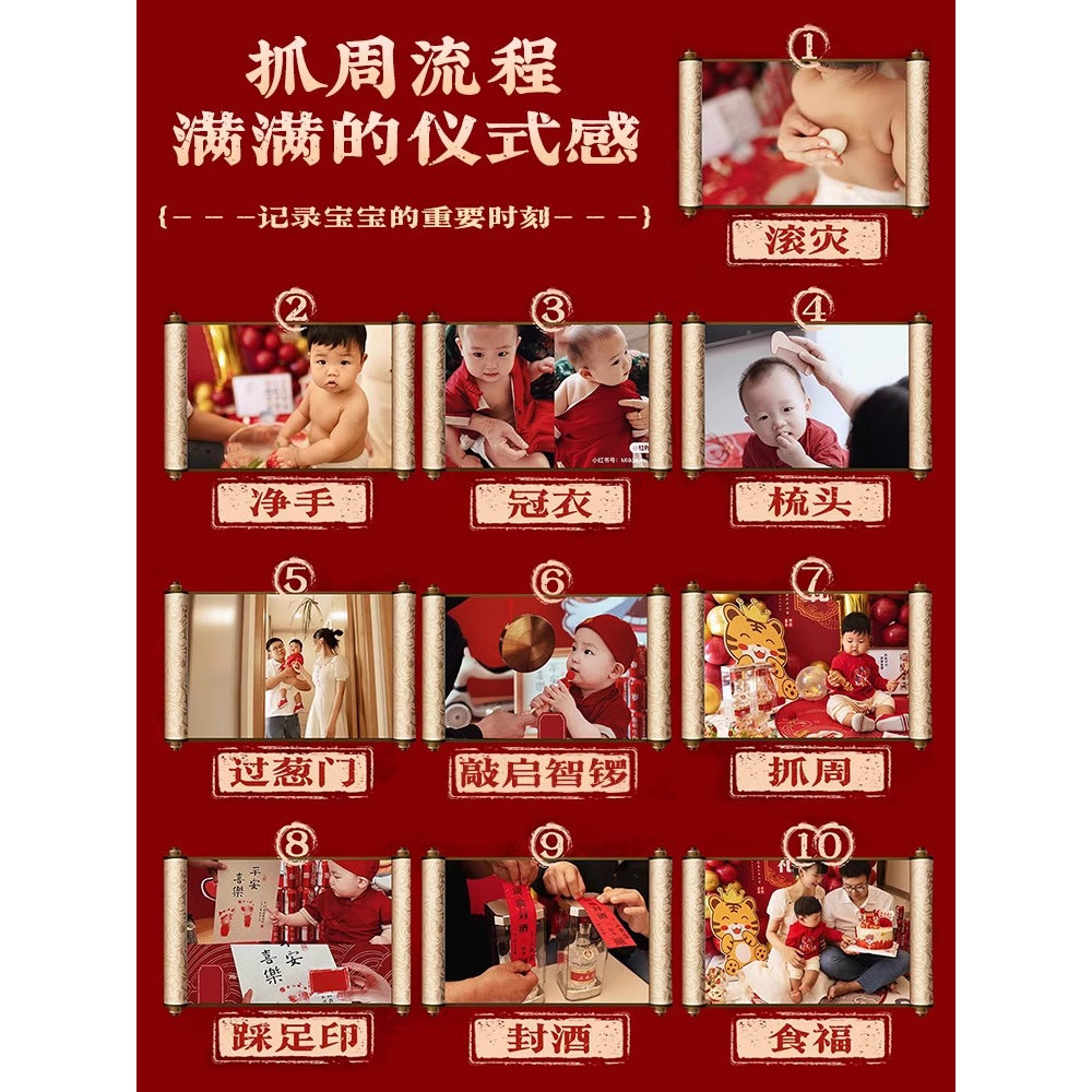 宝宝一周岁宴生日场景布置装饰男女孩新中式抓周礼道具背景墙kt板