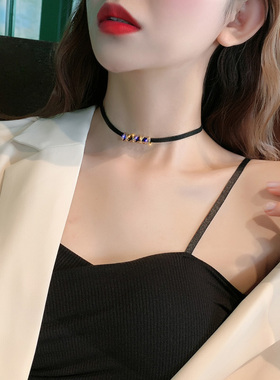 暗黑系项链女黑绳皮绳锁骨链短款脖子饰品颈带黑色颈链项圈