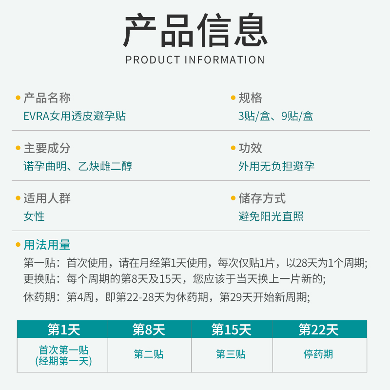 德国Evra避孕贴女性外用温和不刺激方便有效避孕贴透皮贴避孕贴片-图3