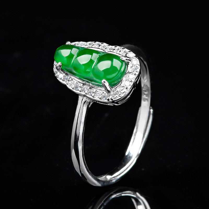 S925 silver inlaid with natural A goods jade green bean sun green ice jade ring fashionable ring for women adjustable