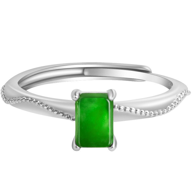 S925 silver natural A goods jade green small sugar cube saddle ring ice jade ring fashion ring for women