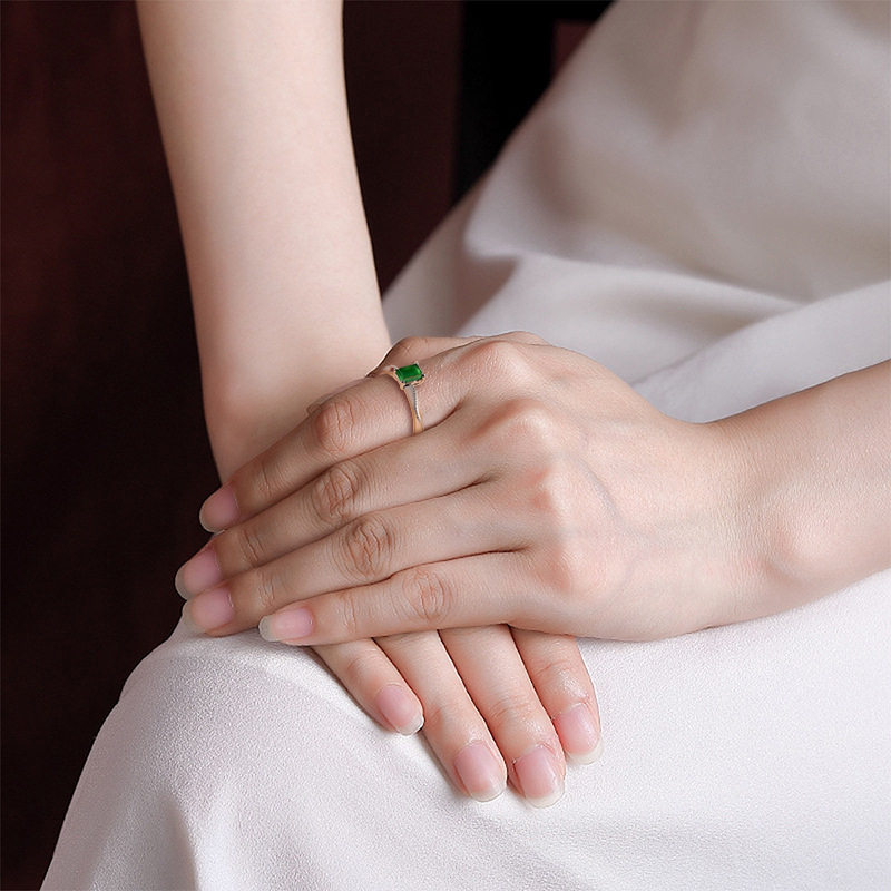 S925 silver natural A goods jade green small sugar cube saddle ring ice jade ring fashion ring for women