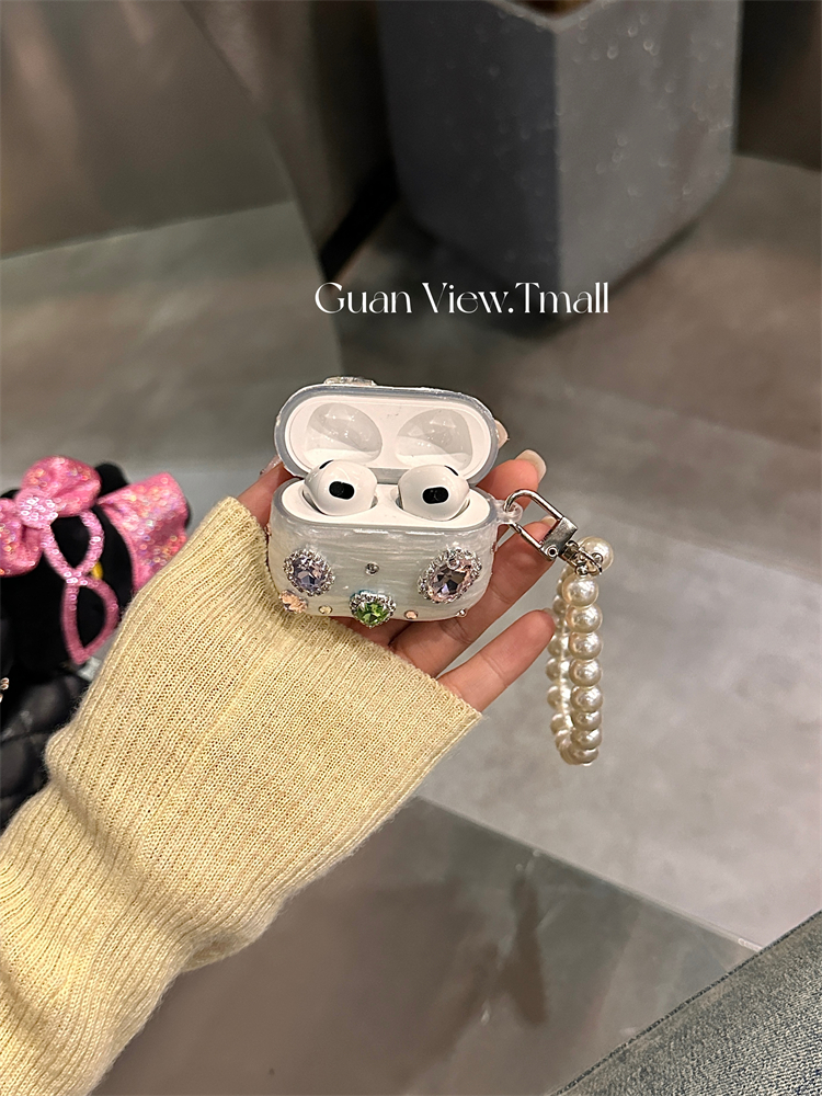 guanview 高级感闪闪奢华水钻宝石珍珠链条适用AirPodsPro保护壳苹果airpods3蓝牙耳机套无线Pro1/2代防摔女