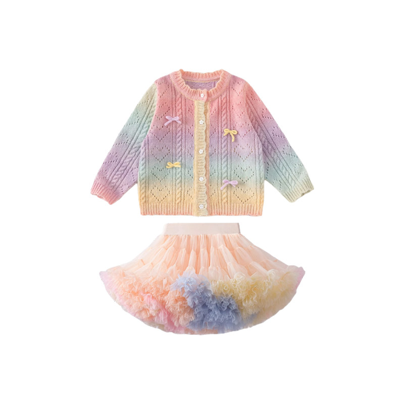 女童春秋韩版甜美针织套装宝宝渐变色毛衣开衫超蓬凸凸裙公主套装,淘宝优惠券,粉丝福利购,淘宝优惠卷