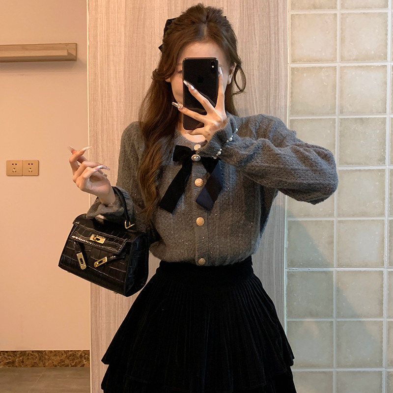 秋冬灰色圆领毛衣女蝴蝶结针织开衫外套亮丝钉珠小香风洋气上衣,淘宝优惠券,粉丝福利购,淘宝优惠卷