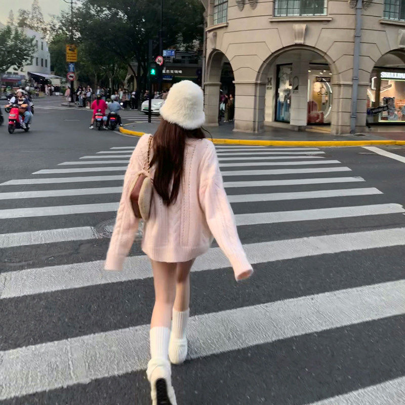 Lukira【柔柔心动】粉色麻花毛衣开衫外套女秋冬宽松慵懒针织上衣,淘宝优惠券,粉丝福利购,淘宝优惠卷