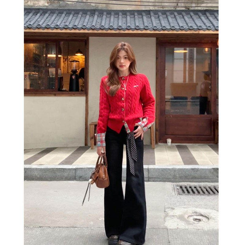 学院风格子拼接本命年穿搭红色毛衣开衫女秋冬加厚慵懒风针织外套,淘宝优惠券,粉丝福利购,淘宝优惠卷