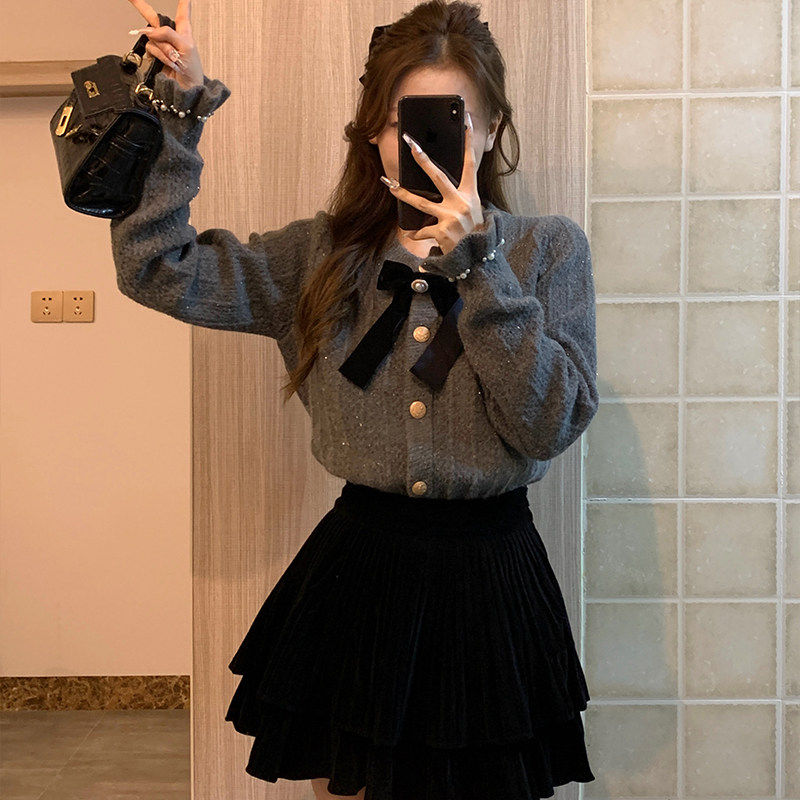 秋冬灰色圆领毛衣女蝴蝶结针织开衫外套亮丝钉珠小香风洋气上衣,淘宝优惠券,粉丝福利购,淘宝优惠卷