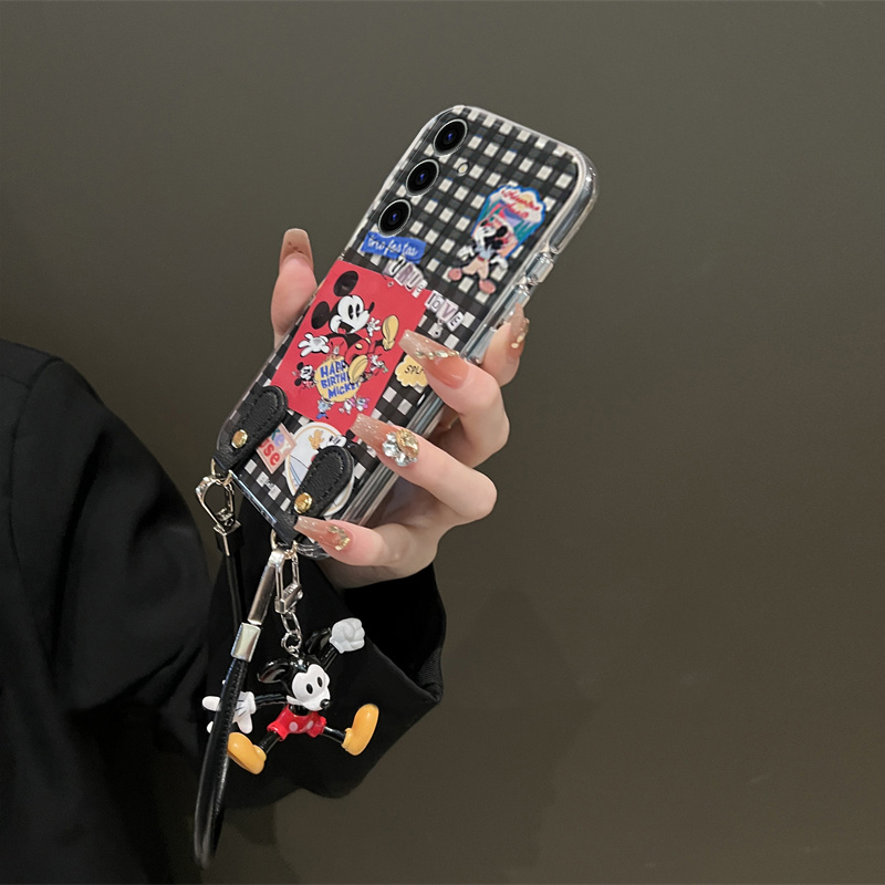 黑色格子米奇适用三星s25edge手机壳s24plus挂绳s23+十s22挂件s21fe卡通s20ultra斜挎s10可背s9硅胶s8note20 - 图2