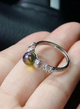 高档墨西哥蓝珀戒指气质镀银活口戒托女款琥珀蜜蜡圆珠指环新款