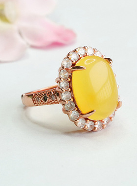 天然琥珀戒指蜜蜡指环指圈宫廷风珠宝新中式民族风饰品男女士礼物