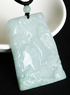 缅甸A货翡翠山水方牌意境山水吊坠玉石项链老矿种玉器珠宝首饰