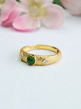 S925银镶天然A货翡翠戒指冰种帝王绿复古指环男女士气质时尚饰品