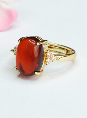 天然琥珀戒指血珀指环爪镶指圈女士复古民族风个性饰品节日礼物