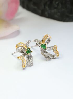S925银镶天然冰种A货翡翠耳钉蝴蝶结耳饰耳环女士款礼品时尚饰品