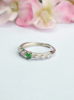 S925银镶天然A货翡翠戒指冰种帝王绿指环指圈女士复古民族风饰品