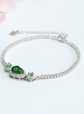 S925银镶天然A货翡翠手链冰种帝王绿福禄双全葫芦手串男女民族风