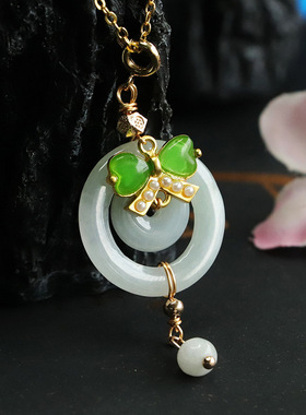 天然缅甸A货翡翠吊坠子母扣蝴蝶结款玉石女士复古民族风饰品礼物