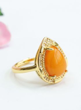 天然老料蜜蜡水滴戒指俄料琥珀指环女士复古民族风饰品节日礼物