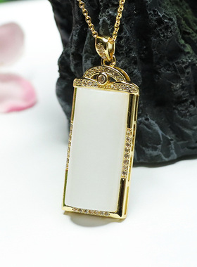 和田玉白玉方无事牌平安吊坠珠宝玉石玉器项链复古风男女礼物饰品