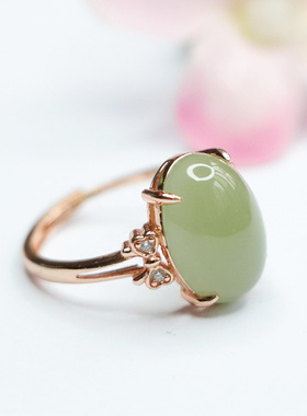 S925银镶天然和田玉戒指蝴蝶结晴水蛋面玉石指环指圈复古风女士款