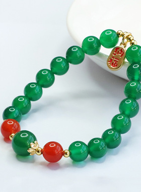 天然绿玉髓圆珠手串红玛瑙福牌提溜吉祥纳福手链女士款复古风饰品