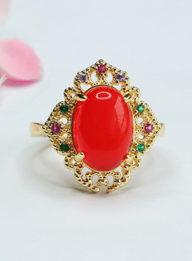 冰种绿玉髓戒指红玛瑙指环指圈宫廷风男女士百搭简约饰品时尚礼品