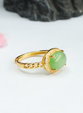 S925银镶天然和田玉碧玉戒指镂空开口指环新中式民族风手饰品礼物