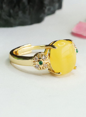 天然琥珀戒指蜜蜡指环指圈女古风新中式民族风饰品情侣闺蜜礼物