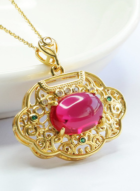 红刚玉如意锁吊坠培育红宝石项链女士复古民族风时尚个性饰品礼物