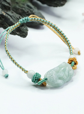 天然缅甸翡翠招财进宝貔貅手绳编织玉石手串手链复古风男女士手饰