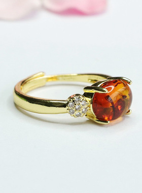 天然琥珀戒指花珀指环指圈珠宝女士复古民族风饰品时尚节日礼物