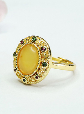 天然琥珀戒指蜜蜡指环指圈女文玩珠宝女士复古民族风饰品节日礼物