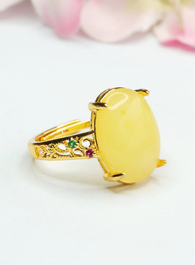 天然蜜蜡戒指黄蜜琥珀指环指圈女士复古民族风饰品时尚个性礼物
