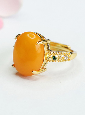 天然琥珀戒指满蜜老蜜蜡指圈指环珠宝新中式民族风手饰品女士礼物