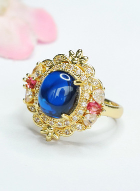 培育尖晶石戒指蓝色宝石指环新中式民族风手饰品女士气质时尚礼物