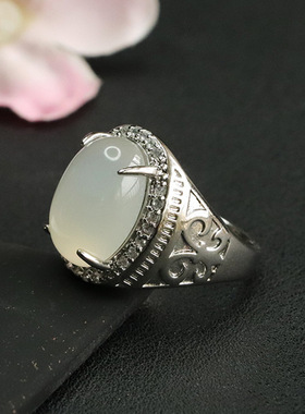 天然白月光玛瑙戒指白玉髓双蝴蝶指环首饰女神民族风气质文雅戒圈