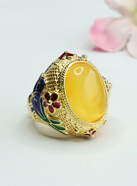 天然琥珀戒指蜜蜡鸽子蛋指环指圈复古女士款礼品气质文雅大气饰品