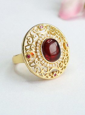 天然琥珀戒指血珀开口指环复古首饰女士款礼品气质文雅大气饰品