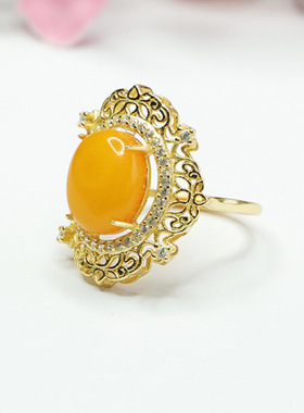 S925银镶天然琥珀戒指蜜蜡指环宫廷风指圈女士民族风百搭简约饰品