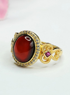 天然琥珀戒指血珀指环指圈简约个性国潮女士复古民族风饰品礼物