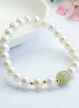 天然和田玉手串桶珠淡水珍珠手链珠宝女士款轻奢大气文雅手饰品