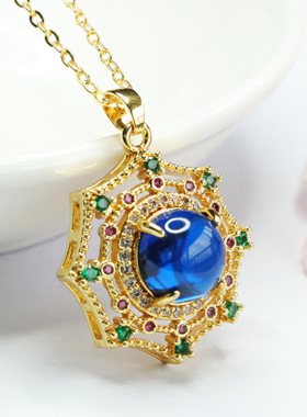 蓝色宝石吊坠培育尖晶石捕梦网项链女士款礼品气质文雅大气饰品
