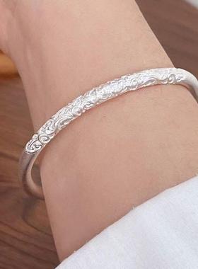 足银卷草纹古法银手镯实心闭口唐草纹银镯子新中式送女友礼物