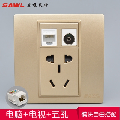 Type 86 Champagne Gold Internet with 5-hole power socket e golden 23 plug-in power-up Brain TV network route module face